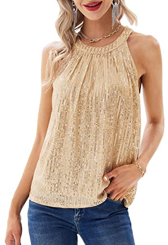 GRACE KARIN Women's Glitter Sequins Tops Halter Neck Slim Fit Sleeveless Evening Party Tops Champaign Gold XL
