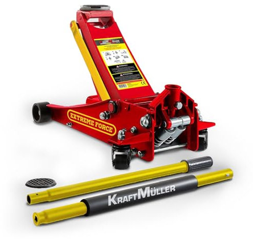 Cric hydraulique Kraft Müller PRO K497, Haut. de levage 49,5cm, Levée rapide grâce au système à double-pompe,Rouge/Jaune