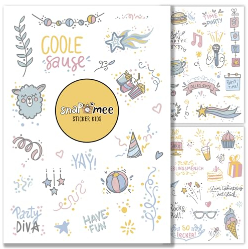Sticker Geburtstag by snaPmee - Aufkleber für Gästebuch, Fotoalbum & Geschenke - Party-Deko für Erwachsene & Kinder - Set mit 133 Motiven auf 8 Bögen DIN-A5 (Party Bunt)