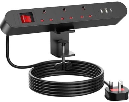 Desk Power Socket with USB C PD20W, Desktop Power Strip 3 Way Plug, Desk Clamp Power Strip with Switch, 2M Extension Lead, 3250W/13A, Black
