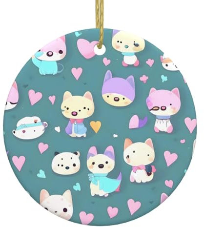 YYHHAOFA Niedlicher kleiner Fuchs-Weihnachtsanhänger aus Keramik, rund, Dekoration – festliches Hänge-Ornament für Geschäfte und Häuser – 7,4 cm