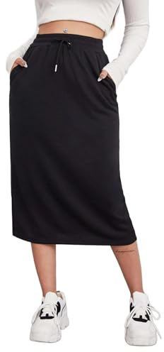 SOFIA'S CHOICE Women's Drawstring Skirt High Waist A Line Midi Skirts with Pockets Black X-Large