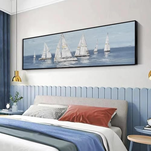 KEBIA Quadro astratto bianco barca a vela sul mare nave nordica paesaggio marino poster stampe su tela immagini per soggiorno arte della parete di casa 60x180 cm senza cornice