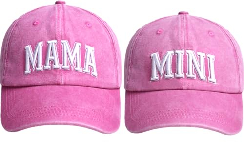 Baseballkappen-Set für Mama und Mini, verstellbar, Baumwolle, bestickt, Eltern-Kind-Mütze, 2 Stück, Gestickter Stil: Pink, One Size-Medium
