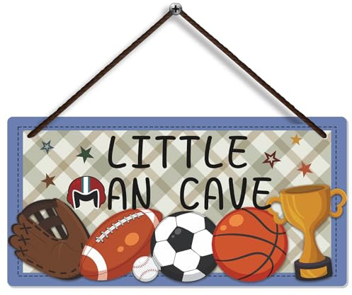 Little Man Cave Sign，Boys Room Decor Soccer Basketball Baseball Football Wall Art，Door Hanging Plaque for Baby Nursery Room Kids Bedroom Playroom Room