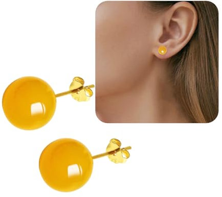 WGXIA Jade Ohrstecker, natürliche runde Perlen Achat Smaragd Granat Obsidian Edelstein Ohrstecker Ball Jade Schmuck Geschenk (gelb Achat-Gold-6mm)