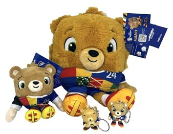 UEFA Euro 2024 - Ensemble de fans de la mascotte officielle - Albärt - Peluche de 27 cm, porte-clés en peluche de 12 cm, 2 porte-clés différents de 5 cm en plastique - 4 articles, multicolore, 5cm -