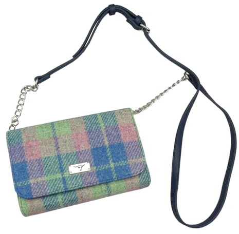 Glen Appin Harris Tweed 'Strathy' Wallet Shoulder Handbag (135 Soft Blue Pink Tartan)