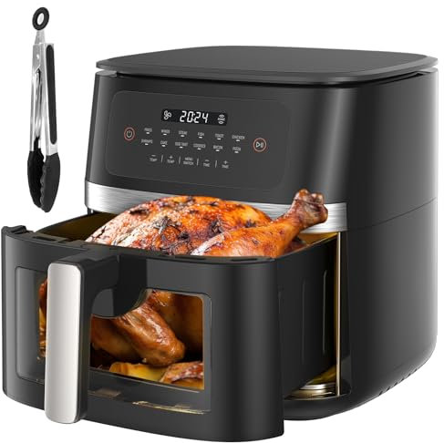 Friteuse sans Huile 9 L, Air Fryer Avec Fenêtre Visible, Airfryer avec LED Écran Tactile, Friteuse à Air Chaud avec 8 Programmes 1800W, Écran Tactile, Fonction Rendez-vous, Faible en Grasses (8L)