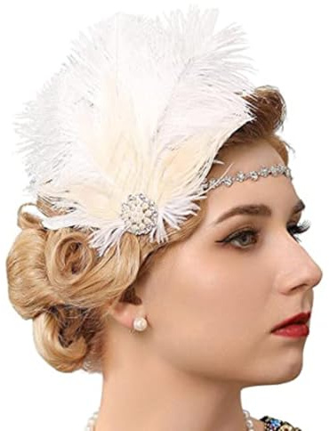 Ushiny 1920s Feder Stirnband Weiß Kopfschmuck Haarreif Gatsby Kostüm Accessoires 20er Flapper Feder Haarband für Damen