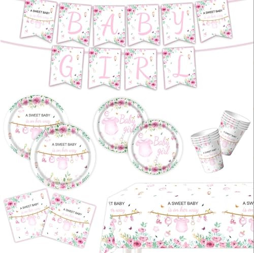 Vajilla Baby Shower Niña 20 personas - 215 pcs. Decoracion Baby Shower Niña Accesorios Fiesta Baby Girl Platos Vasos Servilletas Cubiertos Pajitas Mantel Guirnalda Globos Decoração Chá Bebé Meninas