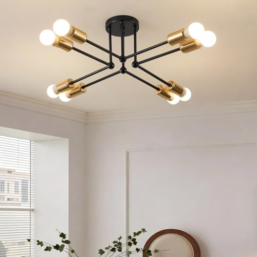 Lightess 8-Flammig Sputnik Deckenleuchte Vintage Schwarz, Industrielle Retro Kronleuchter E27 Metall, Ø54cm Deckenlampe ohne Leuchtmittel für Wohnzimmer Esszimmer