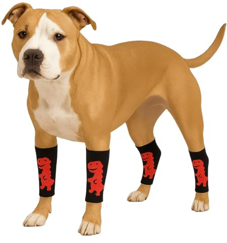 LovinPet 4-Pack Dog Knee Sleeves, Dinosaur-Style Leg Warmers for Medium & Large Dogs, 4-Way Stretch, Anti-Lick Coverage, Warm & Comfy Fit, One Size,Black Red