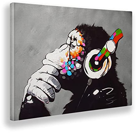 Giallobus - Gemälde - Banksy - DJ Affe - Leinwand mit Standardrahmen - 70x50 - Bereit zum Aufhängen - Moderne Gemälde für zu Hause