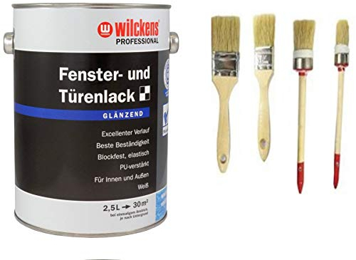 Wilckens Professional Fenster- & Türenlack 2,5 L. Weiß glänzend, PU-verstärkt inkl. 4er Set Pinsel von E-Com24 (2,5 Liter glänzend)