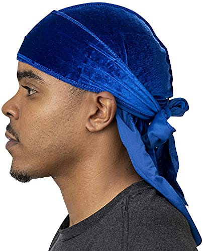 Veeta Superior Velvet Durag – Weiche Samt-Durags für Männer und Frauen, lange, doppelt breite Träger, seidiges Durag-Futter, dreifach genäht, Königsblau, Einheitsgröße