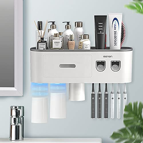 BHeadCat Zahnbürstenhalter, Zahnbürstenhalter zur Wandmontage mit Doppelter Automatischer Zahnpastaspender für Kinder und Erwachsene, 6 Pinselschlitzen, 3 magnetischen Bechern, Grau