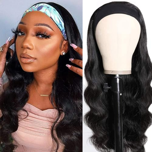 Stirnband-Perücke, Echthaar, gewellt, 40,6 cm, klebefrei, ohne Lace-Front, brasilianisches unbehandeltes Haar, für schwarze Frauen, 150% Dichte, natürliche schwarze Farbe
