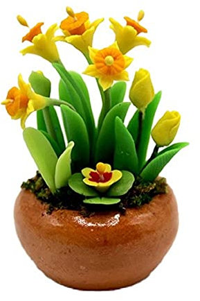 Melody Jane Dolls House Yellow Daffodils in Stone Pot Miniature Flower Garden Decor Accessory