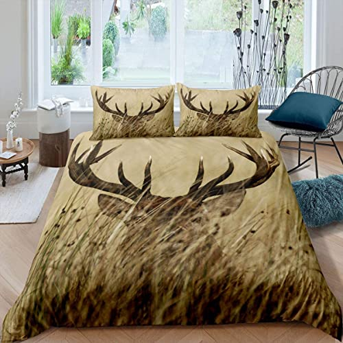 Sunnybed Geweih Bettwäsche Set 135*200+80*80*1 Weißwedelhirsch Bettbezug Hirsch Tröster Bezug Landschaft Ländlich Jagd Thema für Wohnzimmer Schlafzimmer Dekorativ mit 1 Kissenbezugn