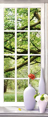 A.Monamour Türtapete Selbstklebend Türfolie Türposter 3D Grüne Bäume Wald Landschaft Durch Fenster Vinyl Folie Türdeko Tapete Wandbild Türaufkleber Türtattoo 77 x 200 cm