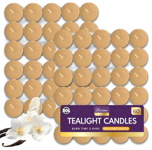SOL 60pk Tea Light Candles Indulgent Vanilla – 3.5 Hour Burn Time, Scented Tea Lights Candles, Long-Lasting & Ideal Home Decor, Relaxation, Romantic Dinners, Weddings, Cosy Evenings & Special Occasion