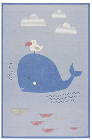 Wendbarer Kurzflor Esprit Kinderteppich mit Wal vorne und Sternenhimmel hinten für Kinderzimmer - Whale Buddy (160 x 230 cm, blau)