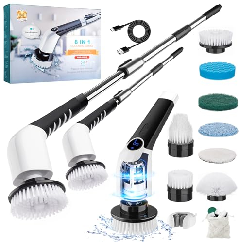 Dsenfurn Upgraded Electric Spin Scrubber, 8 in 1 Cordless Shower Bathroom Brush with 8 Replaceable Cleaning Drill Heads, Power Max 420RPM, 55” Adjustable Extension Handle, Household Tool for Tile Tub