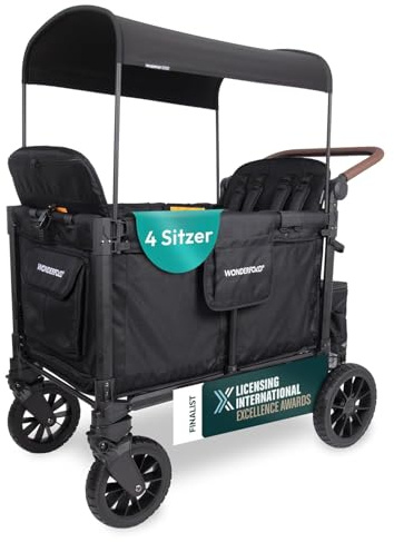WONDERFOLD W4 Luxe Pro – Premium Bollerwagen 4 Sitzer, faltbarer Kinderwagen mit verstellbarem Sonnendach, Luxus Krippenwagen für 4 Kinder mit Geschwistersitz und 5-Punkt-Gurt