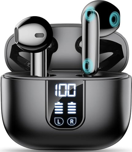 Wireless Earbuds Bluetooth 5.4 In Ear Buds 6 Mic ENC Noise Cancelling Clear Calls, Deep Bass HiFi Stereo Sound Earphones 35H Playtime LED Power Display IPX7 Waterproof Headphones for Android iOS Black