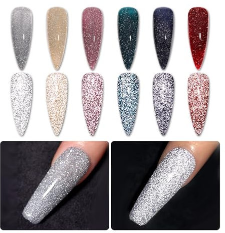 BORN PRETTY Reflective Glitter Gel Nail Polish Set - 6 Colors Iridescents Super Flashing Gel Polish, Red Gold Silver Shiny Sparkling Soak Off U V/LED Gift Manicure