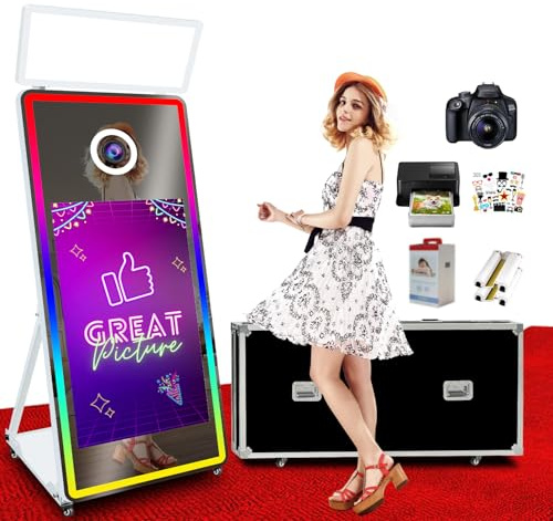 DOWWEI Tragbarer Spiegel mit Drucker und Kamera, 165,1 cm (65 Zoll), mit 109 cm Touchscreen, DSLR-Photobooth mit App-Steuerung für Geschäftspartys (weiß, 165,1 cm Fotoautomat + Drucker + Kamera)