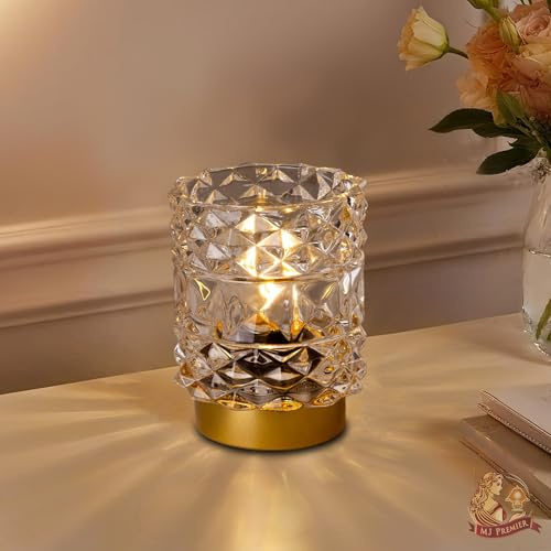 MJ PREMIER Battery Operated Lamp, Crystal Glass Table Lamp with Timer, Cordless Battery Operated Lights, Mini Bedside Lamps, Decorative LED Desk Lamp for Bedroom Living Room, Clear