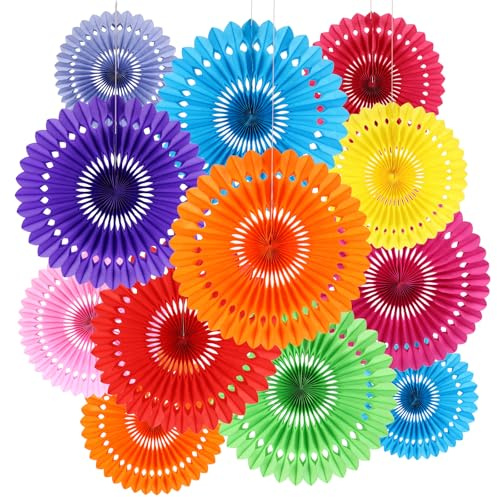 BestoFun 12PCS Paper Fans Mexican Party Decorations Colorful Paper Fans Tissue Paper Flowers Decorations Rainbow Party Decorations for Girl Groovy Birthday Baby Shower Wedding Room Wall Hanging Décor