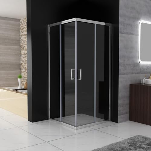Duschkabine Eckeinstieg 100 x 90 x 185 cm mit Doppel Schiebetüren Duschwand, ESG Klar Sicherheitsglas, Silber Rahmen komplett Dusche Glas Duschabtrennung, ohne Duschtasse