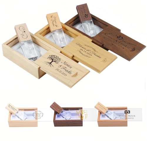 UIDMEN Clé USB en cristal personnalisée avec nom, boîte USB en bois avec dessus coulissant pour famille/amis/photographe/client, cadeau de mariage, fête prénatale, partage d'invités, anniversaire de