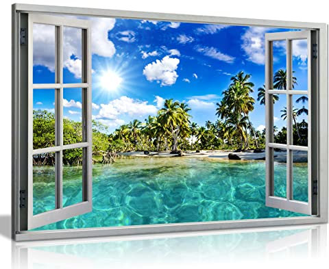 Caribbean Beach Holiday 3D Window Effect Canvas Wall Art Picture Print (18X12)