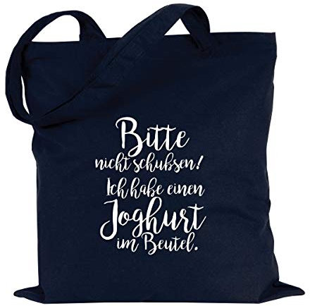 JUNIWORDS Jutebeutel - Wähle eine Farbe - Bitte nicht schubsen! Ich habe einen Joghurt im Beutel (Beutel: Marine Blau, Text: Weiß)