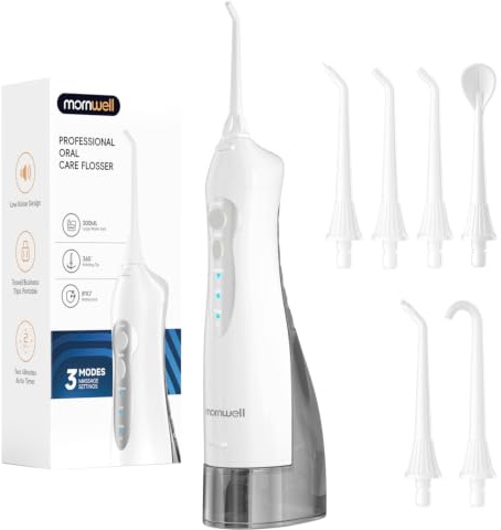 Mornwell Munsköljare Sladdlös, Tandvattenspruta 3 Lägen, IPX7 300ml Grön | Hydropulzer & Irrigator, 6 Sprutmunstycken, 1400 Pulsationer/min, 75s Flöde, 30 Dagar, USB-laddning, Duschsäker