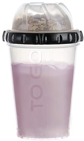 Fackelmann 42115 Taza de cereales para llevar, taza de yogur con contenedor adicional con cerradura, taza de viaje para aperitivos saludables (color: transparente/negro), cantidad: 1 unidad