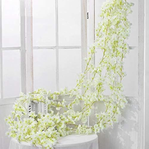 Shiwaki 2PCS 180 cm / 70 Pollici Fiore Artificiale Fiore di ciliegio Rattan Matrimonio Fiore di ciliegio Decorazione Corda Rattan Appeso Fiore Decorativo Fiore di ciliegio Rattan-Bianco