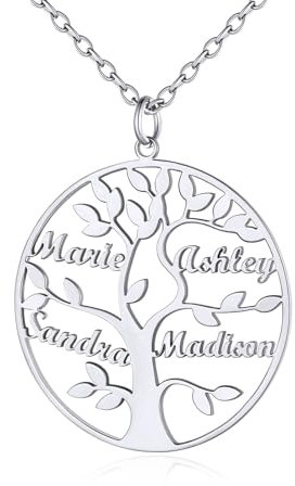 Personalised Silver Necklaces for Women Lovely Family Name Gifts Custom 4 Names Tree Pendant