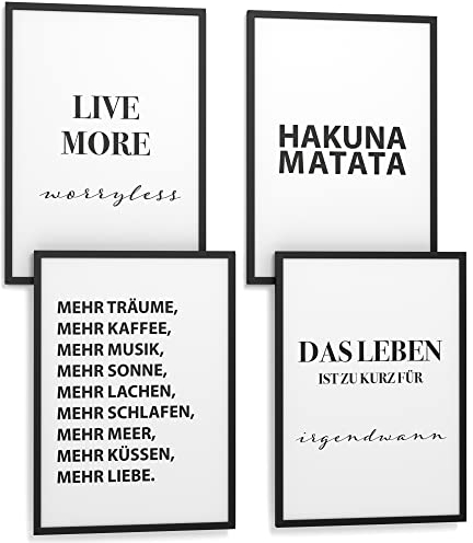 Papierschmiede® Premium Spruchposter Set 4er 30x40 cm, Motiv: Hakuna Matata, Keine Sorgen König der Löwen, Typografie Bilder Wohnzimmer Schlafzimmer ohne Rahmen