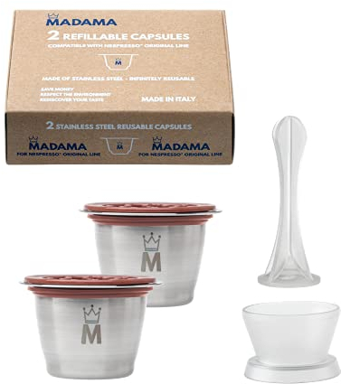Madama - Nachfüllbare und wiederverwendbare Kapsel, kompatibel mit Nespresso. Edelstahl und lebensmitteltaugliches Silikon. Zu 100% in Italien hergestellt. Packung mit 2 Kaffeepads