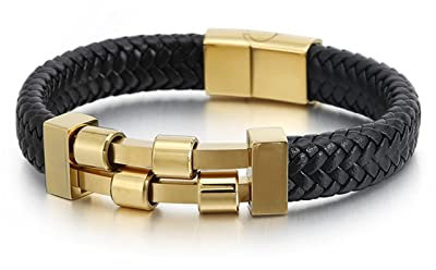 Wycian Lederarmband Herren, Lederarmband Jungs Rotierenden Welle Gold 21.5CM Rostfreier Stahl für Männer Frauen