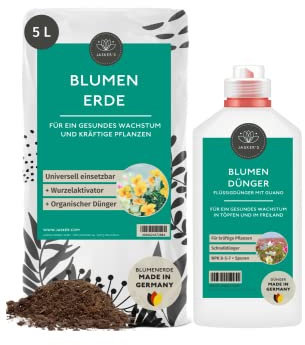 SPARSET Blumenerde 5 L + Blumendünger flüssig 1 L - 100% Schnelldünger Flüssigdünger - Guano Dünger flüssig - Pflanzenerde für Zimmer Gartenpflanzen mit Pflanzendünger - Erde für Pflanzen