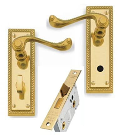 Golden Grace Georgian Lever Toilet Bathroom Lock Door Handles with 64 mm Mortise Bathroom Lock in Premium Polished Brass Finish