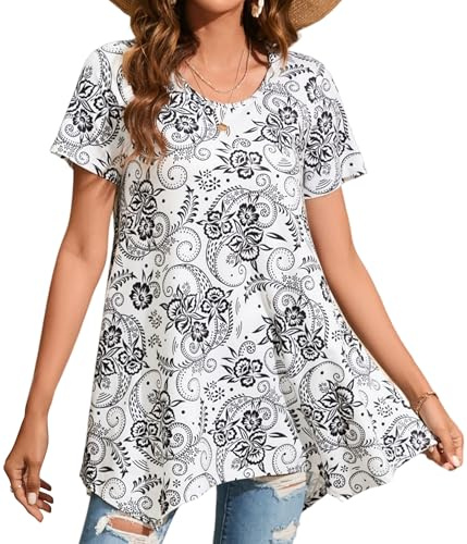 Enmain White Tunic Tops for Women UK Summer Short Sleeve Womens Swing T Shirt Plus Size Ladies Tunics for Leggings Hanky Hem Casual Loose Blouse Round Neck T-Shirts 3XL