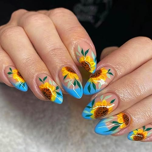 24Pcs Almond False Nails Short, French Tips Press on Nails Cute Sunflower Acrylic Full Cover Stick on Nail with Glue Stickers, Oval Glossy Artificial Fake Nail for Women Girls