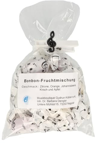 Bonbon-Fruchtmischung mit Noten-Wickelpapier, 100g-Packung mit Violinschlüssel-Klammer